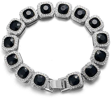 HALUKAKAH Diamante Bracciale in Oro Bianca Uomo,Finitura Oro Bianco Platino Quadrato Diamante Nero Bracciale 21.5cm,Set di Punte Diamanti da Laboratorio,con Confezione Regalo Gratuita