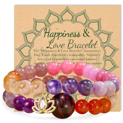 Bivei Braccialetti con Pietre Preziose Naturali Bracciale Elasticizzato con Perline Chakra in Cristallo e Pietra 8mm Reiki Perline Semi Preziose Ciondolo di Loto Gioielli Regali Bracciali (Rosa)