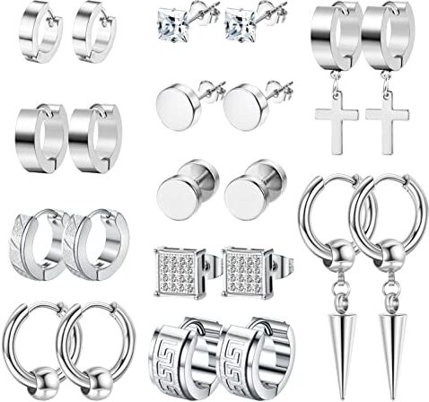 Chriscoco 11 Paia Orecchini Uomo Donna Acciaio Inossidabile Orecchini Cerchio Pendenti Croce Ipoallergenico Punk Orecchini Set Uomo Donna Unisex Orecchio Piercing Argento