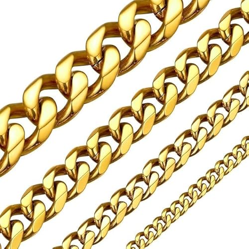 ChainsHouse Catena da uomo in acciaio inossidabile, collana grande a maglia cubana per bambino, ragazzo, gourmette massiccia girocollo punk [argento/nero/piatto oro-larghezza: 3/6/9/12 mm; lunghezza: