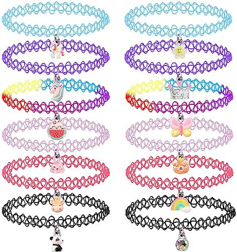 PinkSheep 12PCS Girocollo Set di collane per bambini adolescenti ragazze donne, Ciondolo Charm Unicorno Arcobaleno Panda Gatto Cuore Fiore Sirena Girocollo Tattoo Stretch Elastico Nero Rosa Verde Blu Rosso