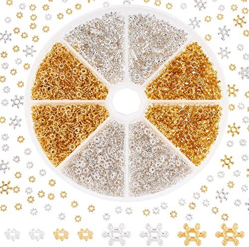 PH PandaHall 2400pz Fiore Perline Argento Dorato, 4mm 7mm Distanziatore di Plastica Perline Daisy Blossom Fiocco di Neve Tibetano Perline per Gioielli Braccialetto Collana Orecchino, Hole 1-1.5 mm