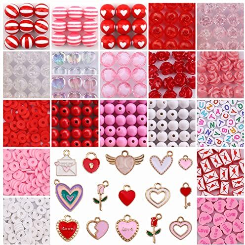 Kalolary 685 Pezzi Ciondoli Perline San Valentino per Creazione Gioielli,  Ciondolo Smalto San Valentino Cuore Acrilico Rosa Perline Sfuse Amore Perline Ciondoli Lega per Collana Bracciale Fai da Te