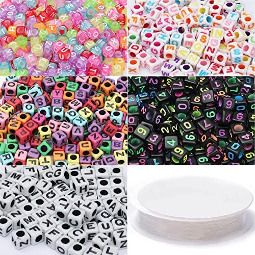 Anjpuy 1200pcs 5color Acrilico lettera Quadrata Perla lettera Bead con 1 rotolo 50m corda di cristallo per la fabbricazione di gioielli (6mm)