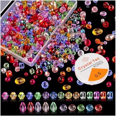 HIOQFR 600pcs Perline in Vetro di Cristallo Ceco Sfaccettato Glass Beads for Bracelets con 15m Corde Elastiche e Scatola Plastica 4/6/8mm Colore Perline Cristalli per Bigiotteria Gioielli Collane