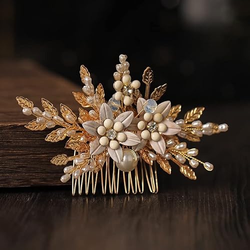 TONZN Tiara di diamanti Trendy Gold Flower Leaf Pearl Pettini per capelli da sposa Accessori per capelli da sposa Copricapo Ornamenti per capelli Gioielli per capelli da sposa per donna