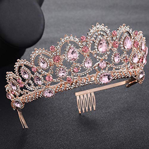 AMAXRcsy Tiara di diamanti rosa oro rosa accessorio per capelli barocco vintage tiara di cristallo di perle e corona con fascia a pettine corona di strass da sposa