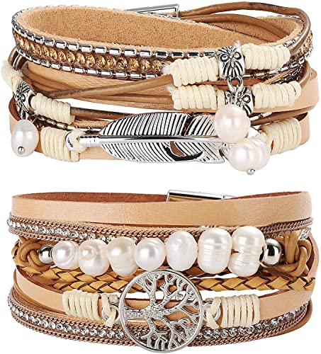 ADRAMATA 2 Pz Bracciali Donna in Pelle Avvolgente Ragazze Multistrato Albero della Vita Braccialetto Bracciale Fibbia Magnetica Bracciale Boho Braccialetto Gioielli per Mamma Amica