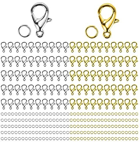 YIIFELL Chiusure per Braccialetti,Chiusure per Collane,100 Pezzi 12mm Aragosta Artiglio Fermagli,200 Pezzi 0,7 x 5 mm Anellini Aperti,per Bracciale Collana Orecchini Portachiavi Gioielli Artigianali