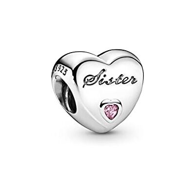 PANDORA Icons Ciondolo in argento a forma di cuore con scritta Sister con zirconia cubica rosa PANDORA Icons Ciondolo in argento a forma di cuore con scritta Sister con zirconia cubica rosa