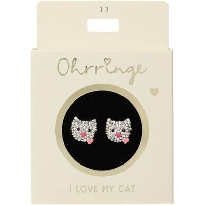 Depesche Orecchini a perno in oro e rosa, con motivo gatto e pietre glitterate, piccolo regalo Depesche Orecchini a perno in oro e rosa, con motivo gatto e pietre glitterate, piccolo regalo