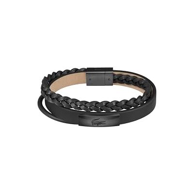 Lacoste Braccialetto da Uomo Collezione FUSION con Pelle Nera e Acciaio Inossidabile Nero con una Piastra Incisa Lacoste Braccialetto da Uomo Collezione FUSION con Pelle Nera e Acciaio Inossidabile Nero con una Piastra Incisa