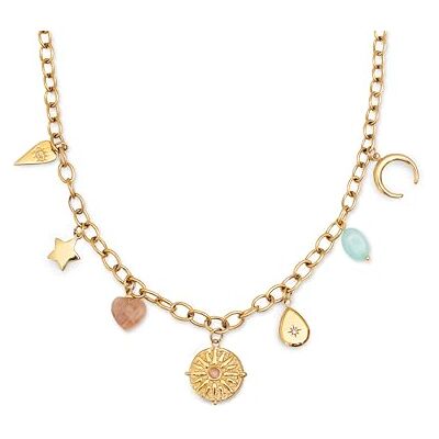 SINGULARU Collana Multicharms Soleil. Acciaio con Placcatura Oro 8Kt. Catena a Maglie con Charms Pendenti, Dettagli in Pietre Naturali e Zirconi. Gioielli da Donna SINGULARU Collana Multicharms Soleil. Acciaio con Placcatura Oro 8Kt. Catena a Maglie con Charms Pendenti, Dettagli in Pietre Naturali e Zirconi. Gioielli da Donna