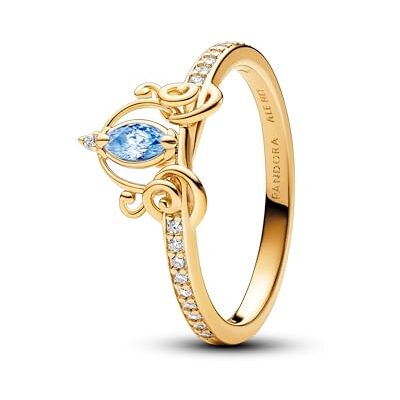 PANDORA Disney Anello con Cenerentola placcato in oro 14k con zirconi cubici azzurri trasparenti e fantasiosi, 58 PANDORA Disney Anello con Cenerentola placcato in oro 14k con zirconi cubici azzurri trasparenti e fantasiosi, 58