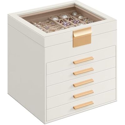 SONGMICS GISELLA Collezione Scatola Portagioie con Coperchio in Vetro, 6 Livelli, Porta Gioielli con 5 Cassetti, Moderno, Idea Regalo, Bianco Nuvola e Dorato, 20,3 x 23,1 x 22,8 cm JBC176W01 SONGMICS GISELLA Collezione Scatola Portagioie con Coperchio in Vetro, 6 Livelli, Porta Gioielli con 5 Cassetti, Moderno, Idea Regalo, Bianco Nuvola e Dorato, 20,3 x 23,1 x 22,8 cm JBC176W01