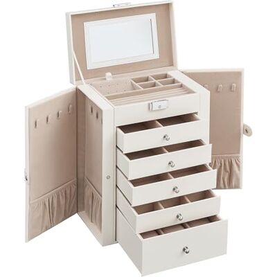 SONGMICS Scatola Portagioie a 6 livelli, Porta Gioielli con 5 Cassetti, Capiente, con Specchio Interno, Chiusura a Chiave, Cofanetto Portagioie, Idea Regalo, per Orologi, Bianco JBC152W01 SONGMICS Scatola Portagioie a 6 livelli, Porta Gioielli con 5 Cassetti, Capiente, con Specchio Interno, Chiusura a Chiave, Cofanetto Portagioie, Idea Regalo, per Orologi, Bianco JBC152W01
