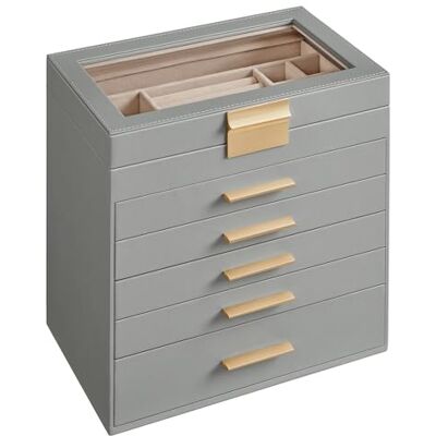 SONGMICS GISELLA Collezione Scatola Portagioie con Coperchio in Vetro, 6 Livelli, Porta Gioielli con 5 Cassetti, Moderno, Idea Regalo, Grigio Tortora e Dorato, 16,3 x 25,1 x 29 cm JBC171G01 SONGMICS GISELLA Collezione Scatola Portagioie con Coperchio in Vetro, 6 Livelli, Porta Gioielli con 5 Cassetti, Moderno, Idea Regalo, Grigio Tortora e Dorato, 16,3 x 25,1 x 29 cm JBC171G01