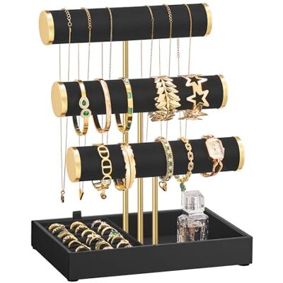 SONGMICS Porta Bracciali, Espositore per Gioielli, Portagioie con 3 Supporti per Braccialetti e Vassoio in Velluto, Porta Anelli Rimovibile, Nero Inchiostro JJS027B01 SONGMICS Porta Bracciali, Espositore per Gioielli, Portagioie con 3 Supporti per Braccialetti e Vassoio in Velluto, Porta Anelli Rimovibile, Nero Inchiostro JJS027B01