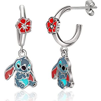 Disney Orecchini a Cerchio Lilo e Stitch Orecchini Pendenti in Ottone con Fiori di Ibisco Smaltati e Cuciture Licenza ufficiale Disney Orecchini a Cerchio Lilo e Stitch Orecchini Pendenti in Ottone con Fiori di Ibisco Smaltati e Cuciture Licenza ufficiale