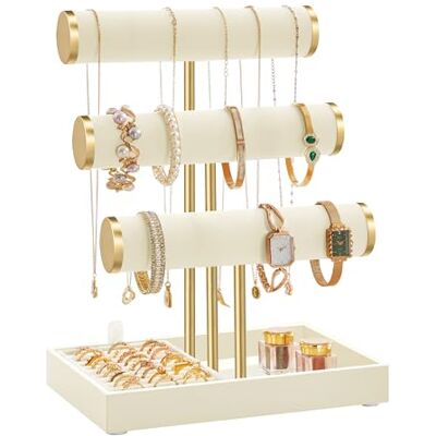 SONGMICS Porta Bracciali, Espositore per Gioielli, Portagioie con 3 Supporti per Braccialetti e Vassoio in Velluto, Porta Anelli Rimovibile, Bianco Crema e Oro Pallido SONGMICS Porta Bracciali, Espositore per Gioielli, Portagioie con 3 Supporti per Braccialetti e Vassoio in Velluto, Porta Anelli Rimovibile, Bianco Crema e Oro Pallido