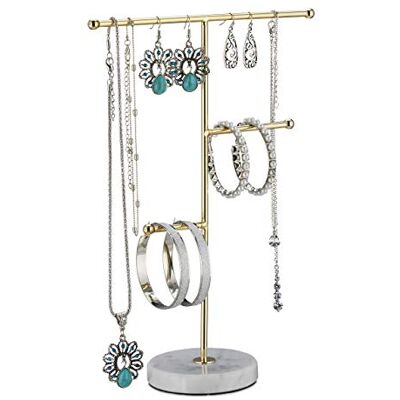 Relaxdays Portagioielli, Base in Marmo & 3 Aste Porta Collane, Stand Portagioielli per Orecchini & Bracciali, Bianco/Oro Relaxdays Portagioielli, Base in Marmo & 3 Aste Porta Collane, Stand Portagioielli per Orecchini & Bracciali, Bianco/Oro