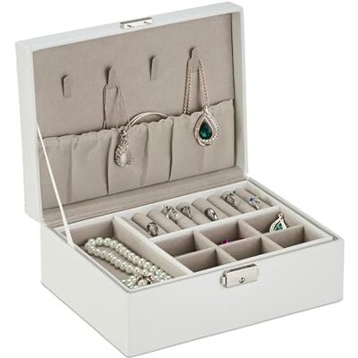 Relaxdays Valigietta Portagioie, Organizer per Gioielli, Cofanetto in PU, Portabijoux da Tavolo, 9,5x23x17,5 cm, Bianco Relaxdays Valigietta Portagioie, Organizer per Gioielli, Cofanetto in PU, Portabijoux da Tavolo, 9,5x23x17,5 cm, Bianco