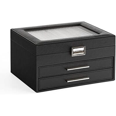 Meerveil Scatola per Gioielli, Piccola Portagioie a 3 Piani, Vetro Goffrato, Piastra per Collane, Vetrina Superiore, Scomparti Multipli, Adatta per Orecchini, Bracciali, Pelle PU, Nero Meerveil Scatola per Gioielli, Piccola Portagioie a 3 Piani, Vetro Goffrato, Piastra per Collane, Vetrina Superiore, Scomparti Multipli, Adatta per Orecchini, Bracciali, Pelle PU, Nero