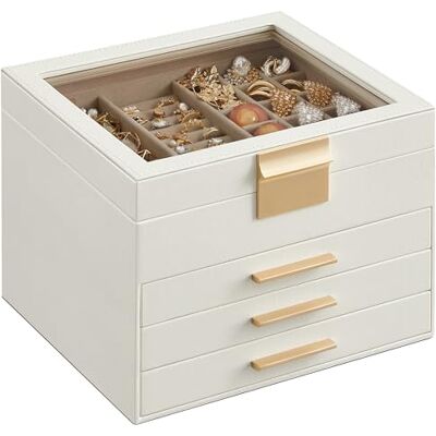 SONGMICS GISELLA Collezione Scatola Portagioie con Coperchio in Vetro, 4 Livelli, Porta Gioielli con 3 Cassetti, Moderno, Idea Regalo, Bianco Nuvola e Dorato, 20,3 x 23,1 x 16,5 cm JBC173W01 SONGMICS GISELLA Collezione Scatola Portagioie con Coperchio in Vetro, 4 Livelli, Porta Gioielli con 3 Cassetti, Moderno, Idea Regalo, Bianco Nuvola e Dorato, 20,3 x 23,1 x 16,5 cm JBC173W01