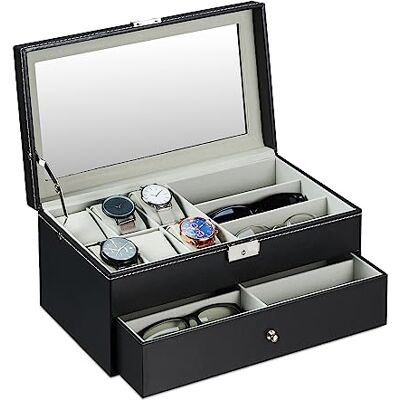 Relaxdays Portagioie con Cassetto, Cofanetto Gioielli, Occhiali e Orologi, Similpelle, Coperchio, 15,5x33,5x19 cm, Nero Relaxdays Portagioie con Cassetto, Cofanetto Gioielli, Occhiali e Orologi, Similpelle, Coperchio, 15,5x33,5x19 cm, Nero