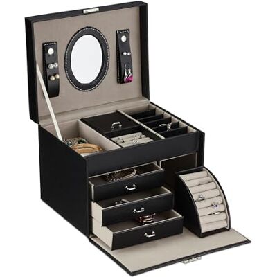 Relaxdays Valigietta Portagioie, Organizer per Gioielli, Cofanetto Portagioielli in PU, Specchio, 18,5x24x19cm, Nero, 18.5 x 24 x 19 cm Relaxdays Valigietta Portagioie, Organizer per Gioielli, Cofanetto Portagioielli in PU, Specchio, 18,5x24x19cm, Nero, 18.5 x 24 x 19 cm
