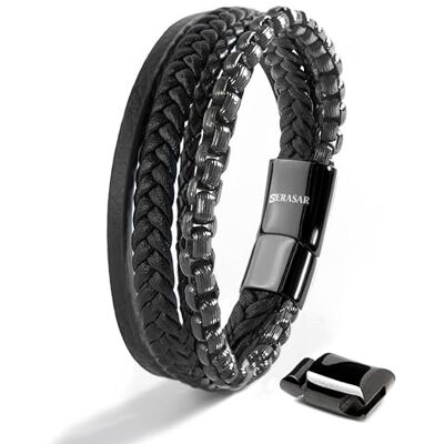 SERASAR Premium Bracciale in Pelle Uomo Chiusura Magnetica in Acciaio Inossidabile Tre Colori Portagioie Incluso SERASAR Premium Bracciale in Pelle Uomo Chiusura Magnetica in Acciaio Inossidabile Tre Colori Portagioie Incluso