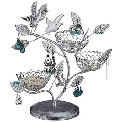 Relaxdays Albero Portagioie, 88 Fori per Orecchini, 3 Ciotole Portaoggetti per Anelli, in Ferro, Design Vintage, Argento Relaxdays Albero Portagioie, 88 Fori per Orecchini, 3 Ciotole Portaoggetti per Anelli, in Ferro, Design Vintage, Argento