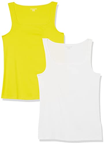 Amazon Essentials Canottiera con Scollo Quadrato vestibilità Aderente Donna, Pacco da 2, Bianco/Giallo Limone, S