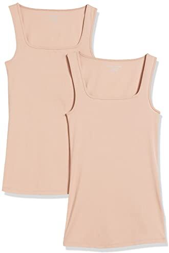 Amazon Essentials Canottiera con Scollo Quadrato vestibilità Aderente Donna, Pacco da 2, Beige Medio, XS