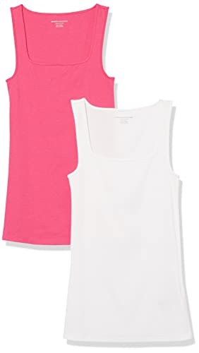 Amazon Essentials Canottiera con Scollo Quadrato vestibilità Aderente Donna, Pacco da 2, Bianco/Rosa Scuro, M