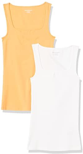 Amazon Essentials Canottiera con Scollo Quadrato vestibilità Aderente Donna, Pacco da 2, Bianco/Arancio Melone, XL