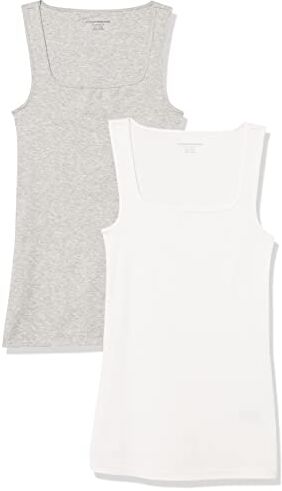 Amazon Essentials Canottiera con Scollo Quadrato vestibilità Aderente Donna, Pacco da 2, Bianco/Grigio Chiaro Puntinato, XXL