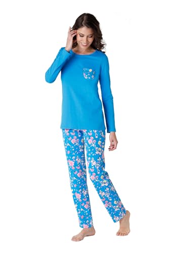 LOVABLE Set di pigiama Lungo in Jersey di 100% Cotone Stampato Donna, Azzurro, M