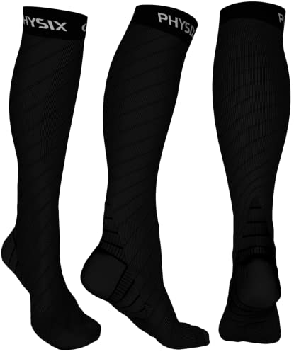 Physix Gear Sport Calze compressione graduata uomo e donna (20-30 mmHg) Calze elastiche sportive per circolazione, vene varicose, gravidanza, antitrombo, ciclismo, running, aereo BLACK L-XL