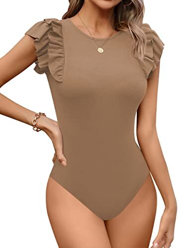 Missufe Body da donna elegante, scollo rotondo, con volant, a maniche corte, cachi, XL