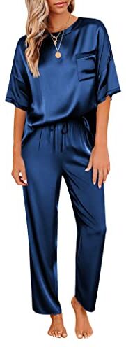 Ekouaer Pigiama Donna Estivo Pigiami Due Pezzi Pantaloni in Raso Camicia da Notte Manica Corta Comodi, Blu Navy, XL