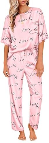 Ekouaer Pigiama Donna Estivo Pigiami Due Pezzi Pantaloni in Raso Camicia da Notte Manica Corta Comodi, Rosa, L