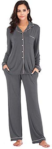 OCCIENTEC Set Pigiama da Donna Set da Pigiama Classico Morbidissimo Pigiama Lungo in Due Pezzi Camicia da Notte con Bottoni Indumenti da Notte Loungewear per Tutte Le Stagioni Grigio,S