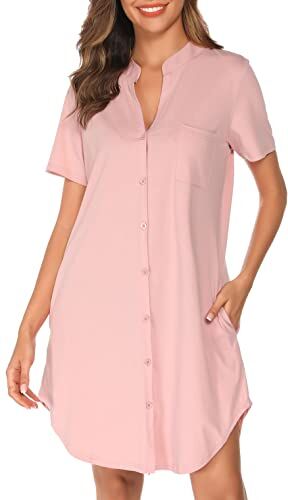 Vlazom Camicie da Notte Donna in Cotone,Camicia da Notte Estiva Donna Scollo a V Camicie Notte Pigiama a Manica Corta Bottoni Davanti Camicie da Notte Donna Curvy,XL,B-Rosa