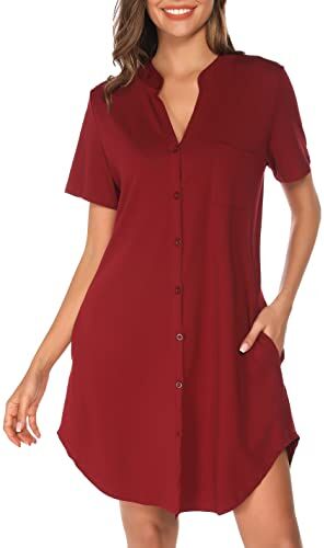 Vlazom Camicie da Notte Donna in Cotone,Camicia da Notte Estiva Donna Scollo a V Camicie Notte Pigiama a Manica Corta Bottoni Davanti Camicie da Notte Donna Curvy,XL,B-Vino Rosso