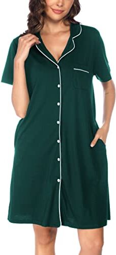 Vlazom Camicia da Notte Donna Estiva con Bottoni Camicia da Notte Manica Corta Aperta Davanti Pigiama Donna Corto Vestaglie Estive Donna,XL,A-Verde Scuro