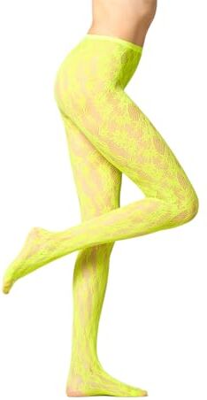 Goldenpoint Donna Collant Rete Fantasia Pizzo Floreale con Cinturino Anatomico, Cuciture Comfort e Tassello Igienico, Colore Giallo Fluo, Taglia L