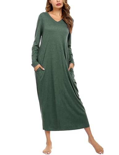 Sykooria Camicia da Notte Manica Lunga Donna a V Camice da Notte in Cotone Lungo da Notte Invernale con Tasche,Pigiama Comodo Ampio Tinta Unita Abbigliamentoda Casa a_Verde XL