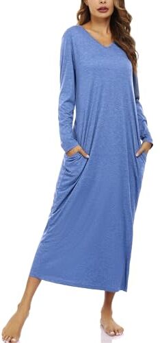 Sykooria Camicia da Notte Manica Lunga Donna a V Camice da Notte in Cotone Lungo da Notte Invernale con Tasche,Pigiama Comodo Ampio Tinta Unita Abbigliamentoda Casa Blu Cobalto XL