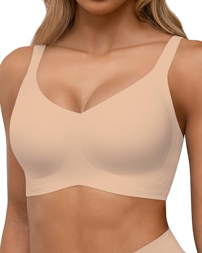 HORISUN Reggiseni Senza Cuciture Reggiseno Push up Wireless a Copertura Totale per Donne Comode Bralette di Supporto con Scollo a V (Beige XL)